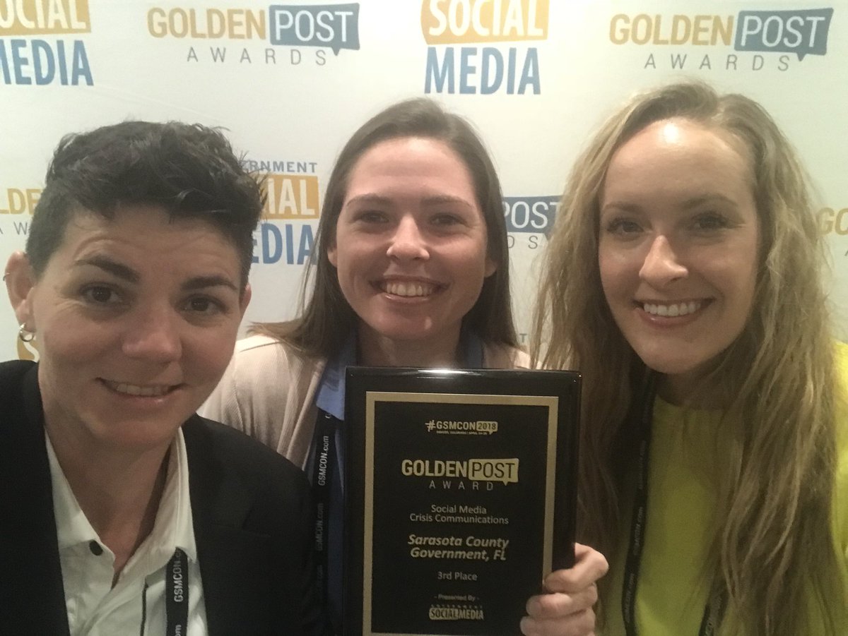 SRQCountyGov's tweet photo. Sarasota County won 3rd place for the Government Social Media Conference’s Golden Post award for crisis communications! @CityofNorthPort @SRQMosquitoMgmt #GSMCON18 https://t.co/28sWrBmQjl