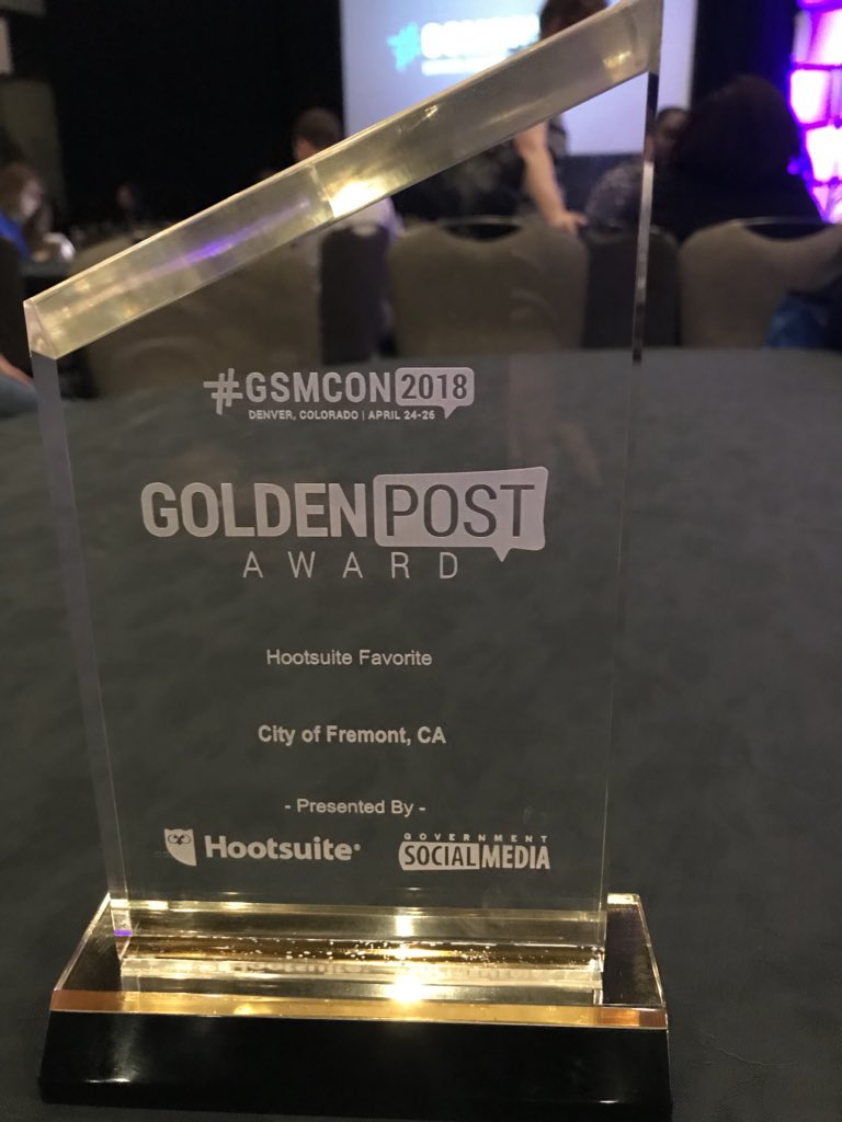 Fremont_CA's tweet photo. So excited to receive the @hootsuite Favorite Award at #GSMCON2018! https://t.co/jfeQNw3XpT