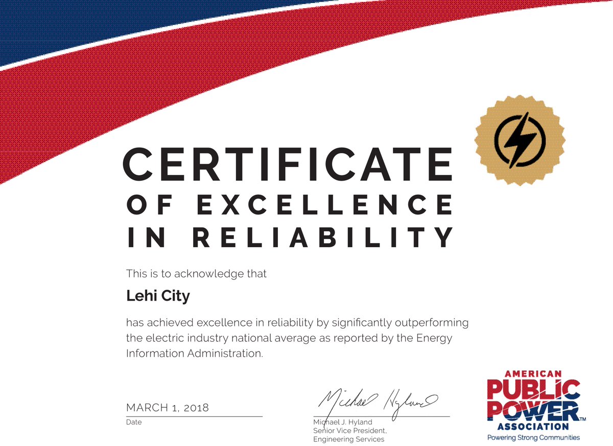 LehiCity's tweet image. We would like to congratulate the Power Department for receiving the Exceptional Electric Reliability award from the American Public Power Association. We are grateful for our Power Department and their commitment to reliable electric service.