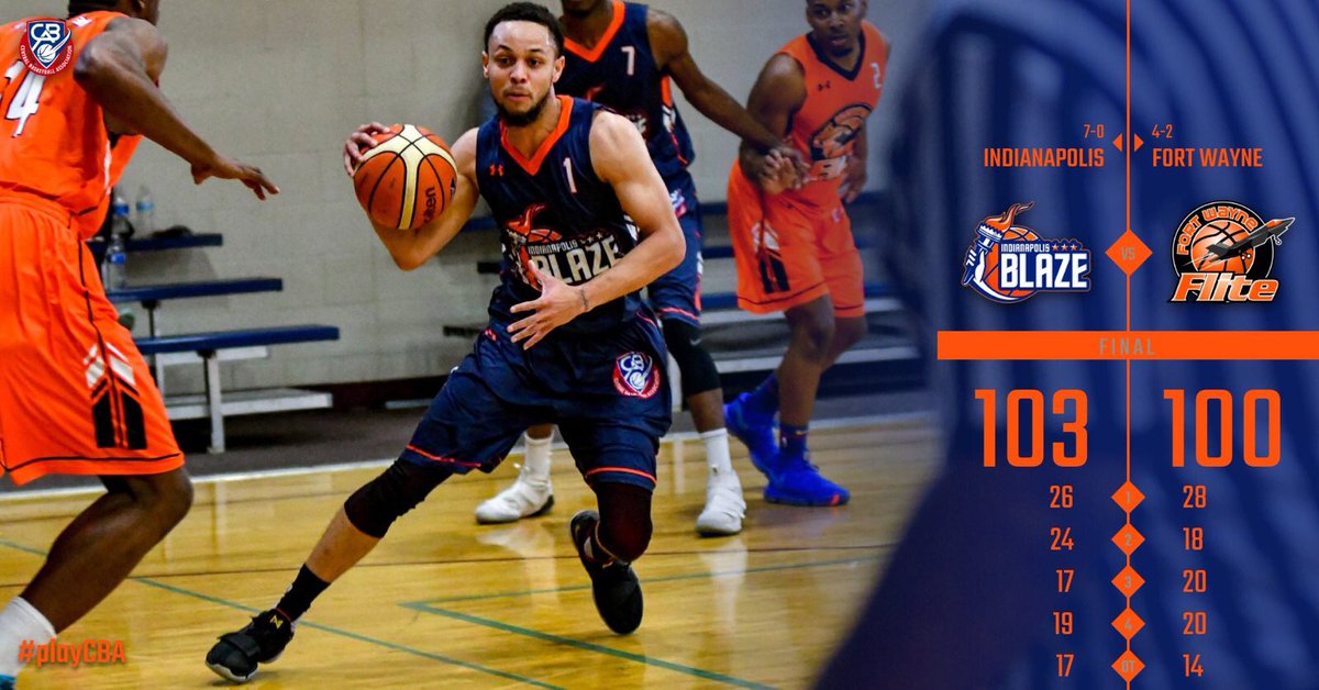 playCBA's tweet photo. Chrishawn Hopkins scores twice in a span of eight seconds in the final 30 seconds of overtime to help @IndyBlazeCBA end @FortWayneFlite's 17-game regular season home winning streak and maintain their undefeated record this season with one game left to play. #playCBA https://t.co/H4wUiPKIjt