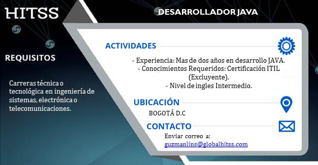 HITSSColombia's tweet image. HITSS COLOMBIA busca para su equipo de trabajo #DesarrolladorJava envía tu hoja de vida al correo relacionado.