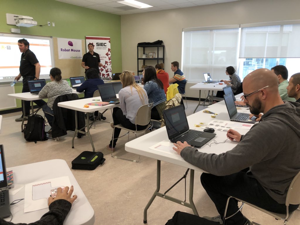 SaskCode's tweet image. A great full day of PD, learning about coding and computational thinking. Best part-connecting and networking with teachers from different school divisions and grades, with the same goal of engaging and challenging their students. #saskcode #robotics #STEAM #STEM @saskatooniec