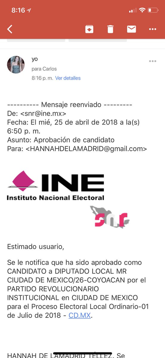 hdelamadrid's tweet photo. Se siente súper bonito :) 
Aunque está un poco raro que te notifiquen a escasos días de empezar la contienda! Ahora a preparar de todo un poco para pedir el apoyo de la ciudadanía
#VamosPorElCongreso!!! https://t.co/ZujI84ablo
