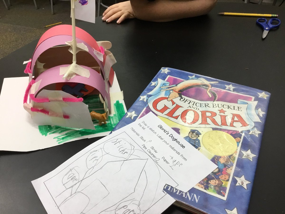 twcline1's tweet photo. A picture book, a sketch, and the finished product...primary STEM made easy. And I’m sure Gloria loves her new doghouse! @theSMSD #bepresent #innovating512 #STEMed #primarystem https://t.co/okwgRPvjhS