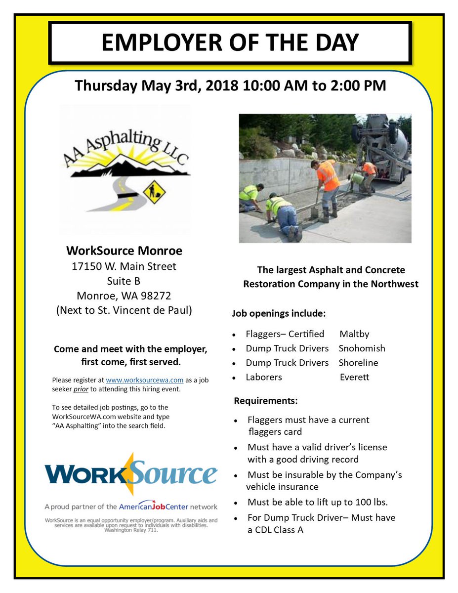 Get your construction career off to a great start and attend the AA Asphalting Hiring Event at WorkSource Monroe, May 3rd <a href="/WorkSourceSnoCo/">WorkSource Snohomish</a> <a href="/wforcesnohomish/">Workforce Snohomish</a> <a href="/EconAllianceSC/">Economic Alliance SC</a>