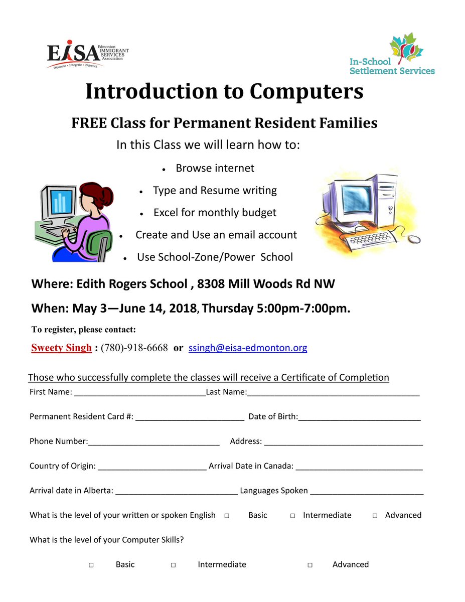 EISA_Edmonton's tweet photo. @EISA_Edmonton offering #free computer classes from May 4 to June 14, 2018. #Certificate of completion for those who successfully complete the program. Read the flyer for more details. #Freecomputerclasses https://t.co/566LSsYKL6
