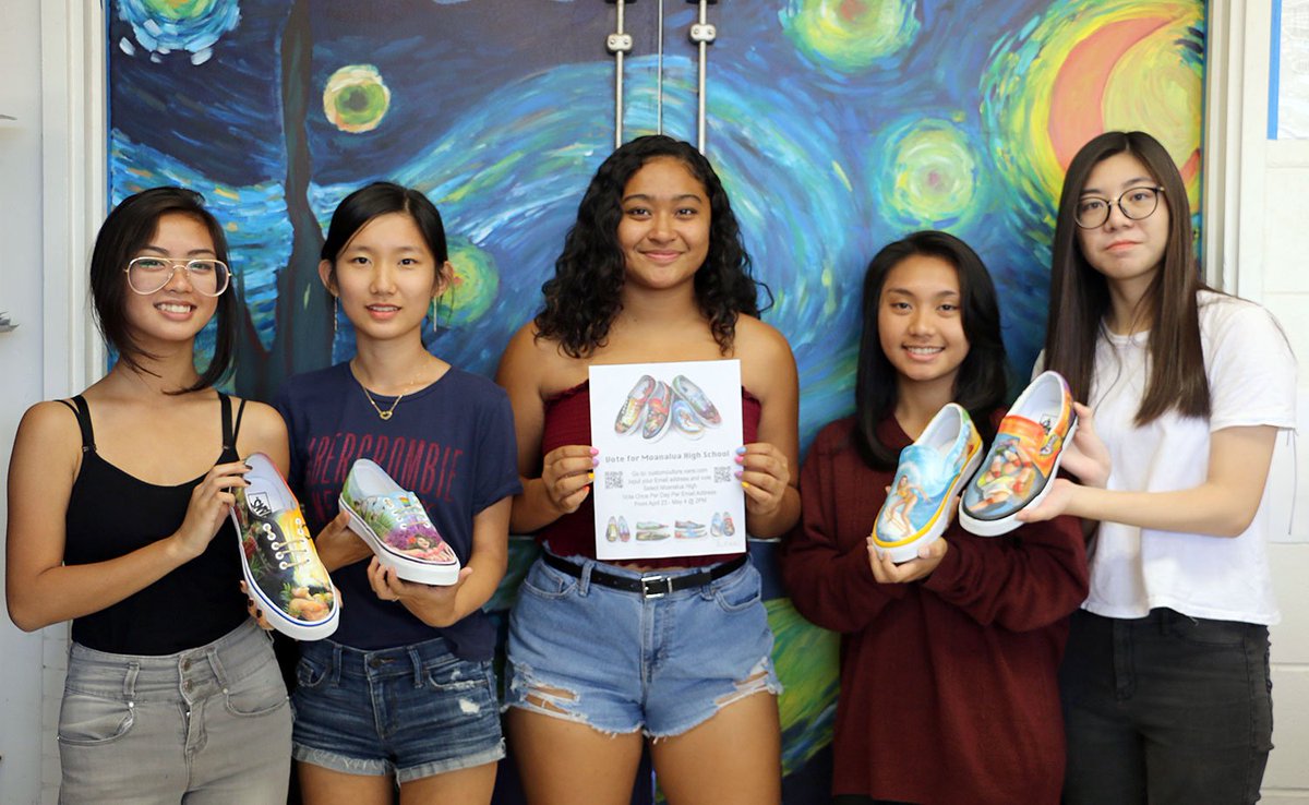 HIDOE808's tweet photo. The Moanalua High students behind those amazing #VansCustomCulture designs now vying for a $75,000 national prize — Arianne Javier, Yunjung Rho, Samara Oshiro, Arri Lei Javier, Katie Li. VOTE HERE THRU MAY 4: https://t.co/ybQx3kXEEc #MenePride #HI4PublicEd #edarts https://t.co/04Pq45f9it