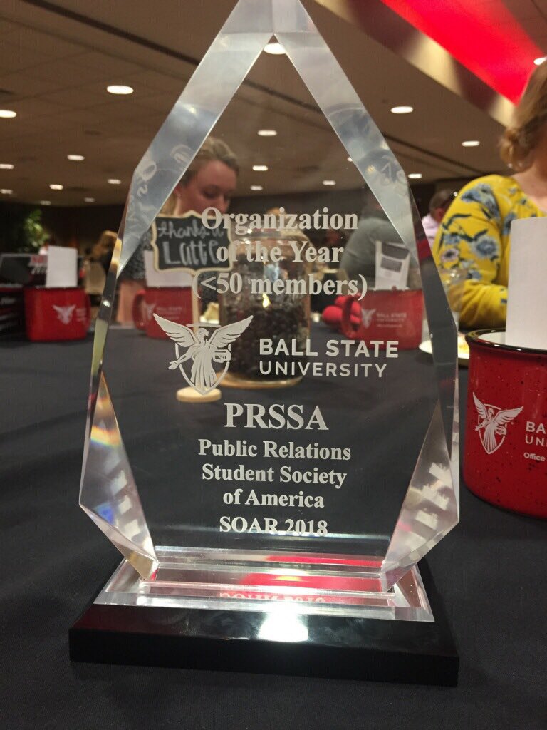 BallStatePRSSA's tweet photo. We just won the SOAR Award for Organization of the Year!! What a fantastic way to end the school year! #WeFly 👌🏆 https://t.co/fSCQZWfCVk