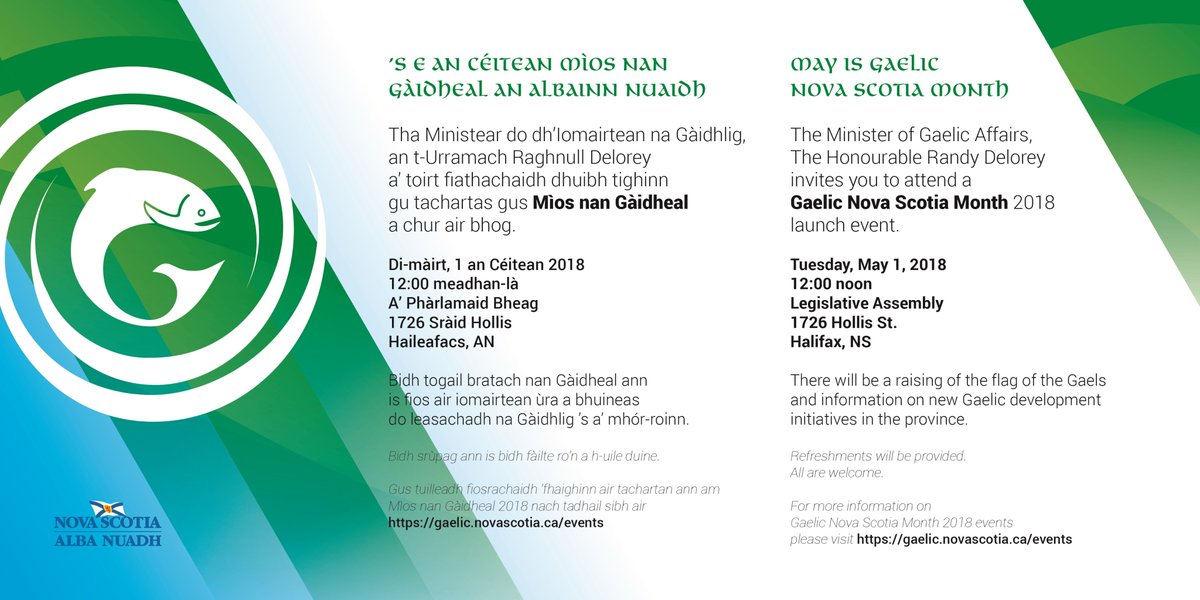A Gaelic Nova Scotia Month 2018 launch event at 12:00 noon, May 1 at the Legislative Assembly, Halifax. All are welcome! / Tachartas gus Mìos nan Gàidheal 2018 a chur air bhog aig 12:00 meadhan-là, 1 an Céitean aig a’ Phàrlamaid Bhig ann an Haileafacs.
#OurStoryToTell, #nsgaelic