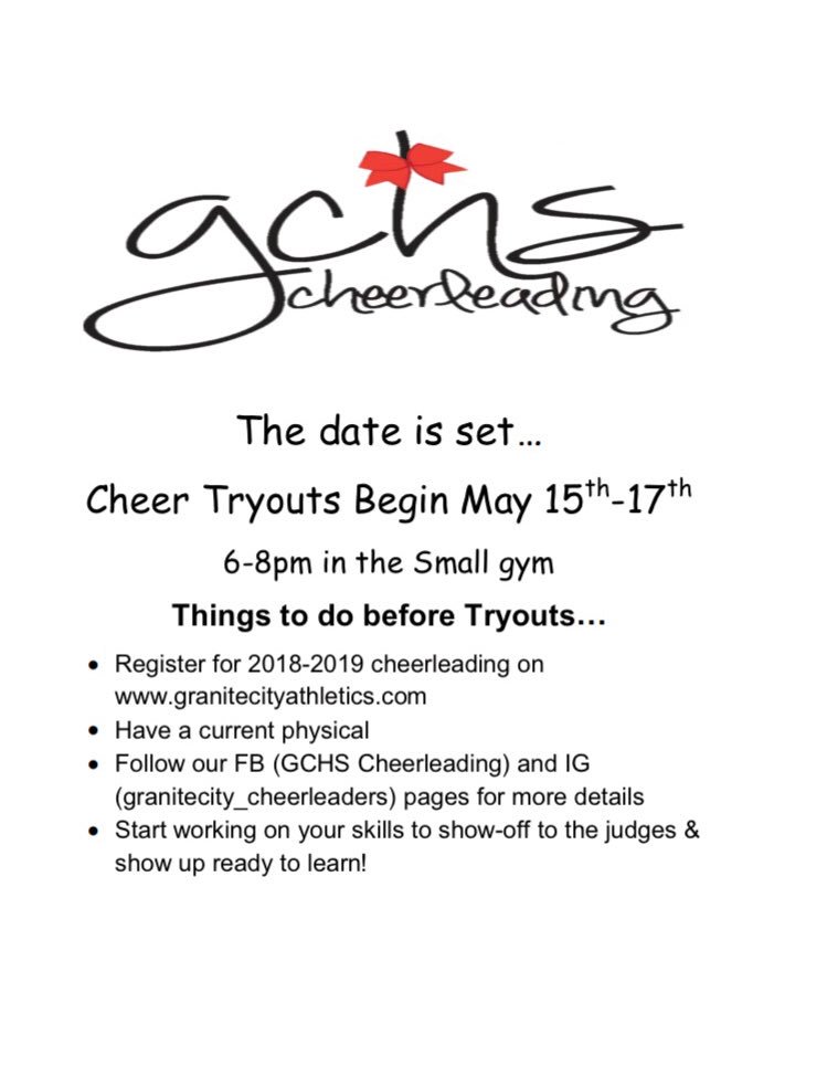 It’s that time of the year again 😄 Gchs Cheerleading tryouts🎀 If you’d like to be apart of the 2018-2019 team, follow the steps below ⬇️ Be there or be⬛️😉