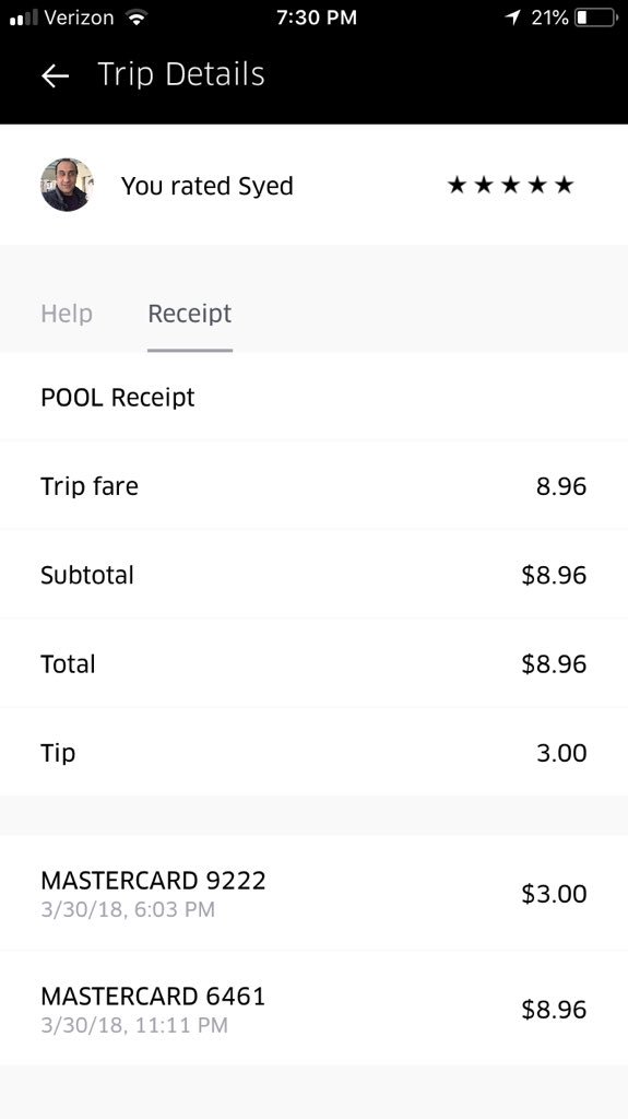 JasmineNikoleB's tweet photo. @Uber_Support Please help!I had the incorrect card charged only for the tip for a ride on 3/30 at 5:35PM. For some reason my tip was charged to my corporate card.The fare was charged to the correct card. The app states this is impossible. I want the tip charged to the “fare card” https://t.co/btiPuFw3B3