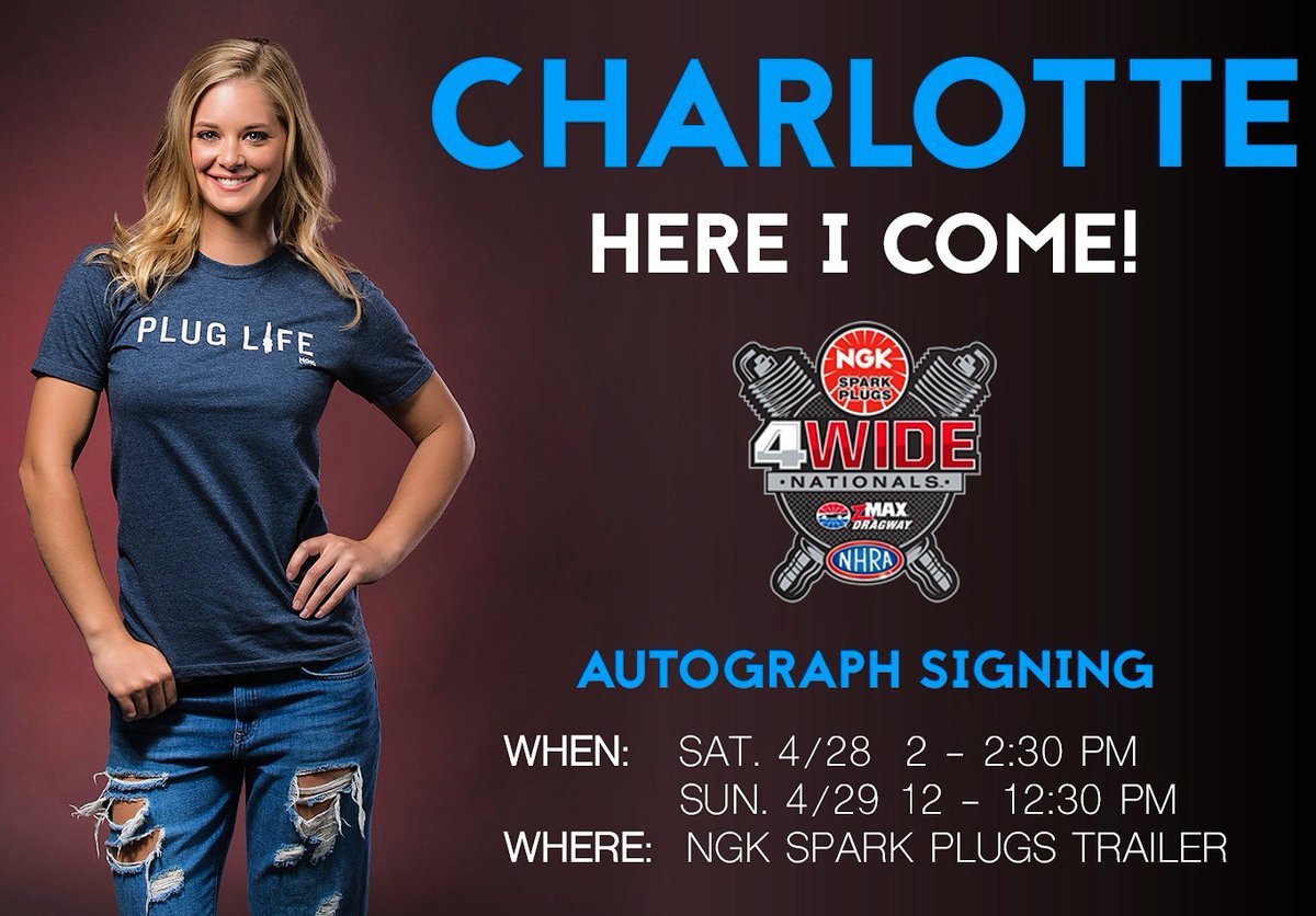 MeyerSisters's tweet photo. Charlotte!!! I'm coming for you! Come meet me at the @ArtofFast trailer for a meet and greet and some goodies!!!!! 💥 #4WideNats #ngksparkplugs #meganmeyerracing #artoffast #nhra https://t.co/5Lg0ErcPuL