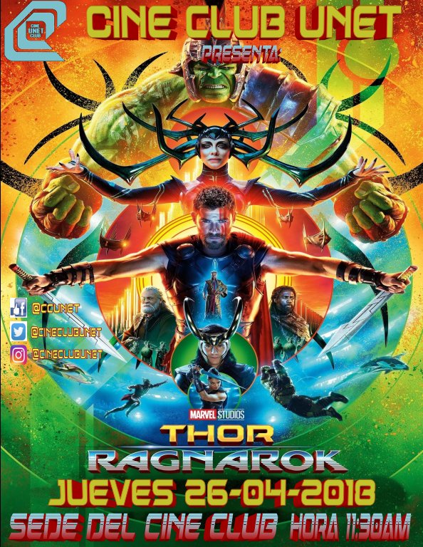 CineClubUNET's tweet photo. Cine Club #UNET presenta: "THOR RAGNAROK", #JUEVES 26/04/2018 Lugar: SEDE DEL CINE CLUB Hora: 12m https://t.co/xbv4GZOqgR