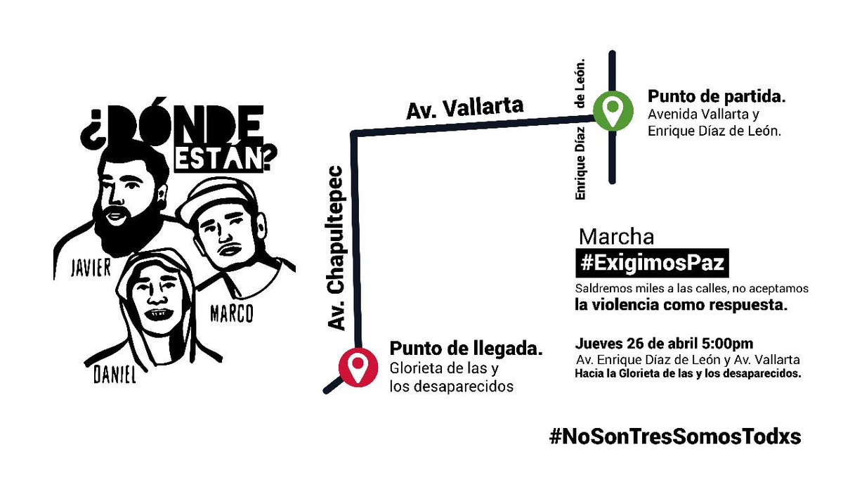 En solidaridad con el <a href="/caavuniversidad/">CAAV Universidad</a> y las familias de lxs desaparecidxs de Jalisco, invitamos a la comunidad universitaria del <a href="/ITESO/">ITESO</a> a asistir mañana a la marcha #ExigimosPaz, a las 5:00 p.m en la Rambla Cataluña.

#NoSonTresSomosTodxs