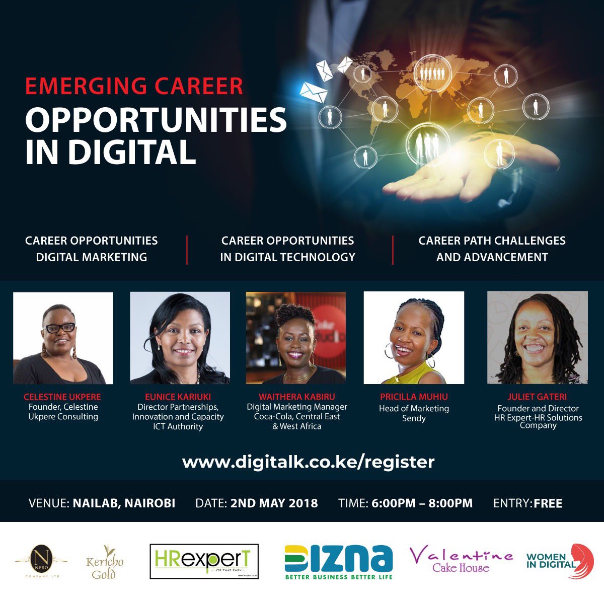 Emerging career opportunities in Digital forum to be held on 2nd May at <a href="/thenailab/">Nailab</a> with <a href="/eunicekariuki/">Eunice Kariuki</a> <a href="/celestine/">celestine.pw</a> @waitherakabiru <a href="/MoICTKenya/">Ministry of Info, Comms & The Digital Economy KE</a> <a href="/BiznaKenya/">Bizna Kenya</a> <a href="/ICTAuthorityKE/">ICT Authority</a> <a href="/valentinecakes/">Valentine Cake House</a>  digitalk.co.ke/register