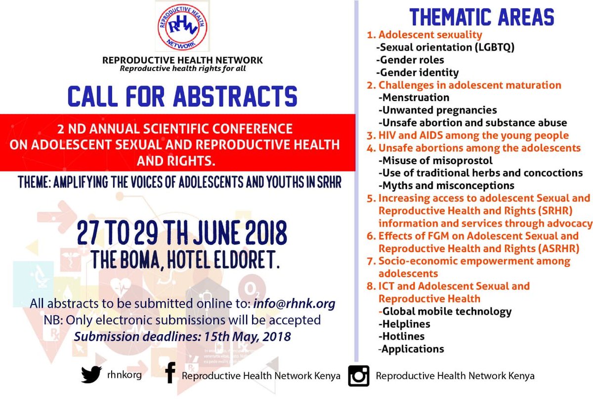 rhnkorg's tweet photo. 19 days left! The deadline is fast approaching..remember to submit your abstract before May 15 for a speaking slot at the 2nd Annual Scientific Conference on Adolescent Sexual and Reproductive Health and Rights 
#Youth4SRH #SRHR4All 
https://t.co/UCYfzphER5 https://t.co/SBuE0YvmWY