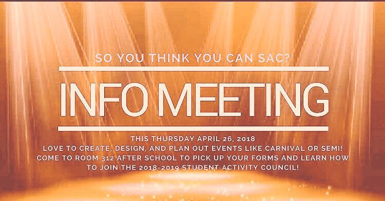 DSSS_SAC's tweet photo. Do you want to plan out events like Haunted House, Semi, or Carnival than make sure to come to room 312 after school tomorrow, Thursday April 26 for an informational meeting and to get your forms for the 2018-2019 Student Activity Council! https://t.co/ruVZ4rtp3e