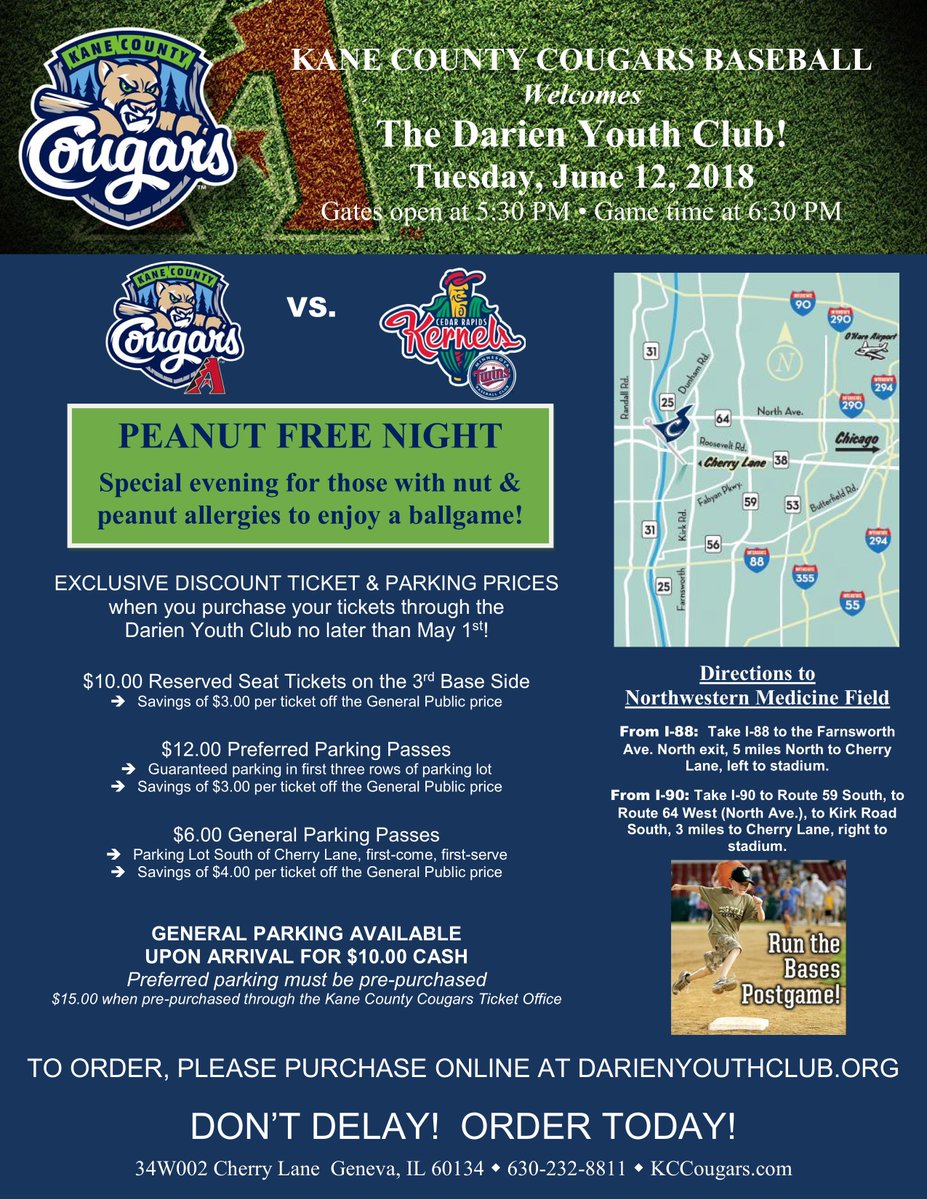 The Kane County Cougars have invited DYC to a night at the ballpark!
📅 Tuesday, June 12th, Northwestern Medicine Field
🎟️ Tickets Only $10, Parking $6
🕠 Gates open at 5:30 PM with the first pitch at 6:30
👟 Kids run the bases postgame 
Register at goo.gl/ezh1Y1 ⚾️
