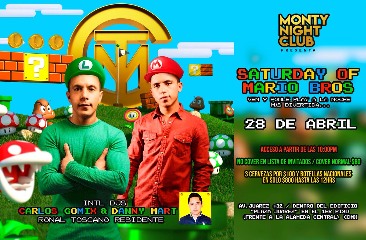 OSCARROJASRP's tweet photo. ESTE SÁBADO en ⭐️ #MontyNightClub ⭐️ te presentamos nuestra fiesta, Celebrando el día del niño con temática de 🍄#MarioBros🍄 VLISTA DE NO COVER al 5534830494 / Promociones, Show Especial y más... AV. JUÁREZ#33 dentro de“PLAZA JUÁREZ” en el 1ER PISO #PreparaTuOutfit #TeEspero https://t.co/gtOIGpbwLk