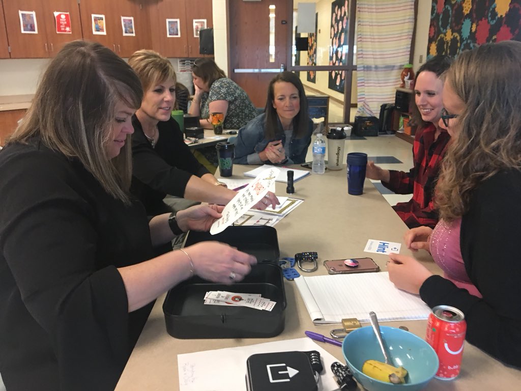 MsMitchell04's tweet photo. I could do @breakoutEDU morning PDS every day! Team building + Learning is so much fun! So proud of our Art teacher for completing over 20 breakouts in the past few weeks with grades 2-5! #BreakoutEDU #rcpssuccess #INeLearn #edchat https://t.co/K5dzxp5VK4
