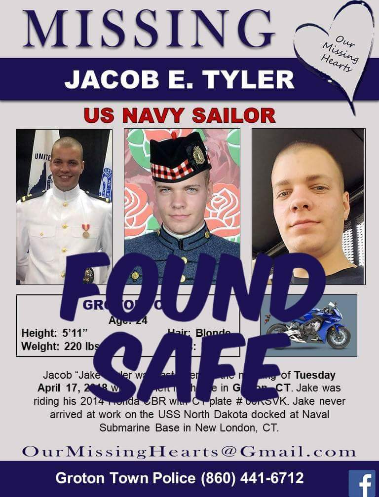 LtGovMickey's tweet photo. UPDATE...
Jacob Tyler, 24, New England sailor, missing since 04.17.2018, HAS been found safe!! Thank you for your RTs ❤️
#JacobTyler #FoundSAFE #Military #USNavy #SilverAlert #NewEngland
#Groton #NewLondon #Connecticut https://t.co/rdhL3teb0J
