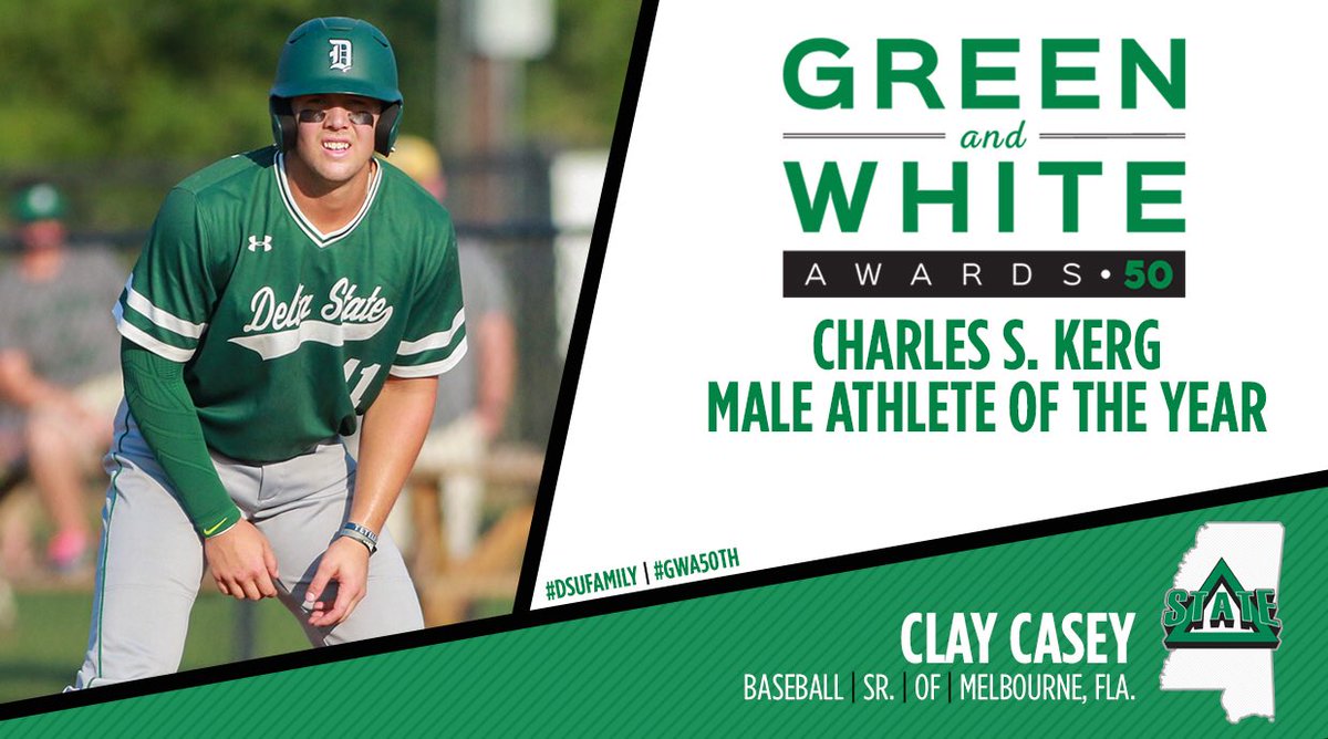 DSUStatesmen's tweet photo. The 2018 Charles S. Kerg Male Athlete of the Year Award, from @DeltaStateBSB, @ClayCasey7!! #DSUFamily https://t.co/Cvcl7mLjt6