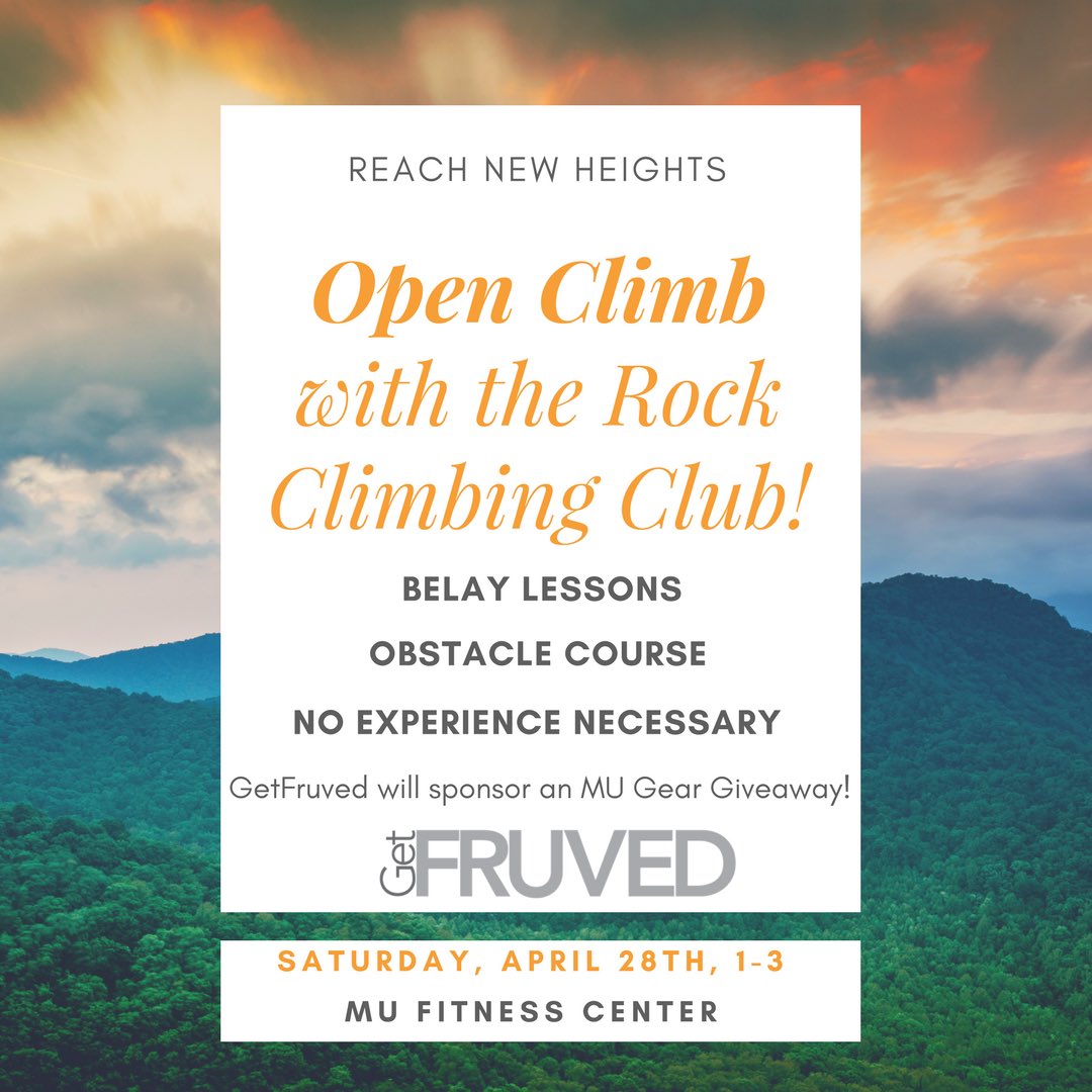 getfruvedmu's tweet photo. Join us this weekend for the  Open Rock climbing event we are sponsoring! We will be having MU Gear Giveaway! #getfruved #marywooduniversity https://t.co/oXfI6JNwSq