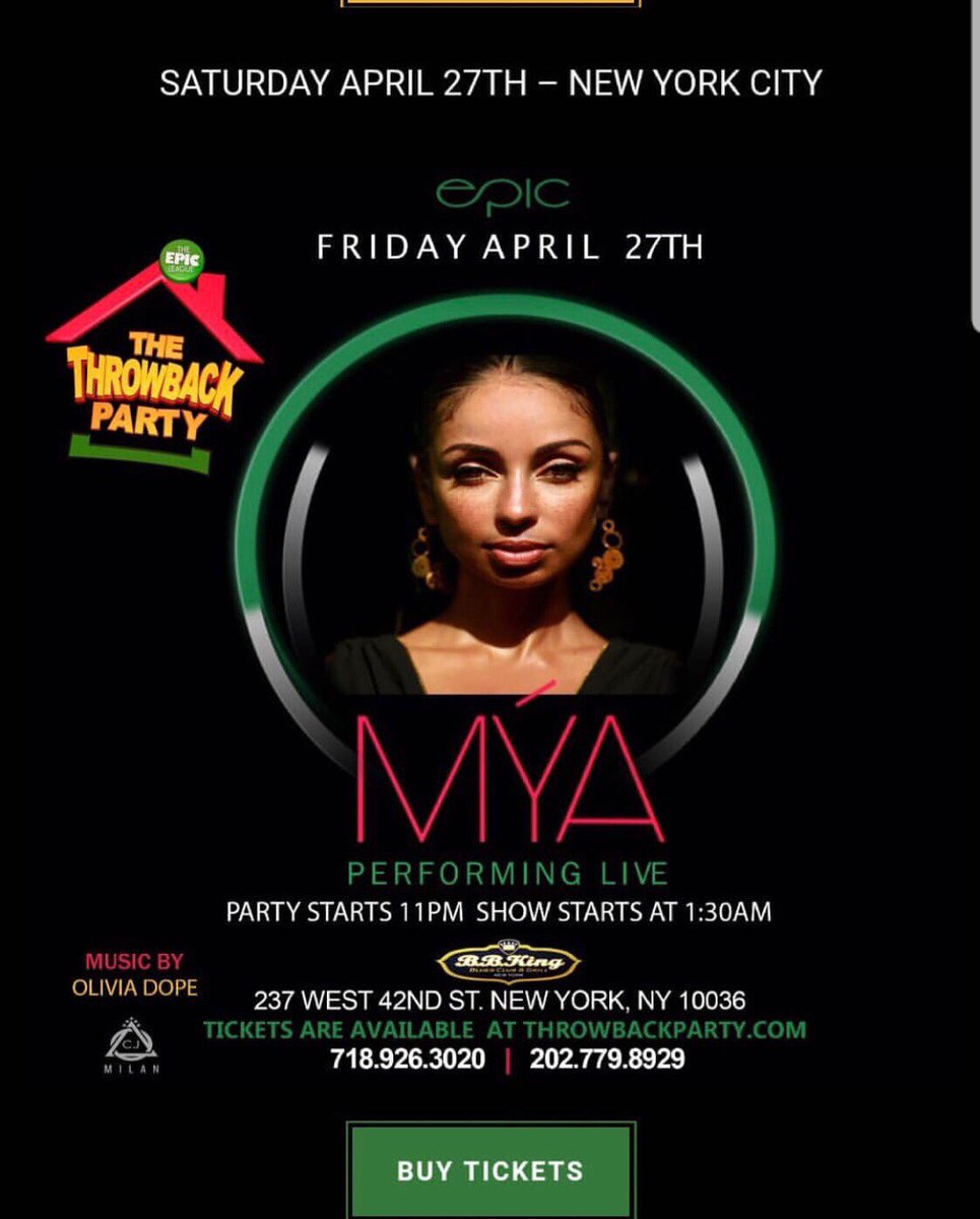MYAPLANET9's tweet image. Lookin’ forward to rockin’ w/ you #NYC #FridayNight 4/27 at #BBkings for #thethrowbackparty &amp;amp; live performance!!! 🎶🎤🔊💃🏾🎉🎉🎉Tix available at throwbackparty.com / Details on MyaMya.com/events #Mya #Planet9 #myaplanet9 #newyork #ny #20thAnniversary