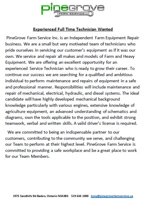 Experienced Technician needed <a href="/FarmPinegrove/">PineGrove Farm Service</a> . 
Please retweet.