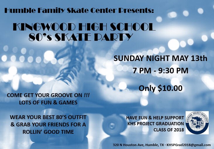 KhsProject's tweet photo. Start planning your 80s ensemble! See you on the 13th at the Humble Family Skate Center. https://t.co/EyHJAkmnWQ