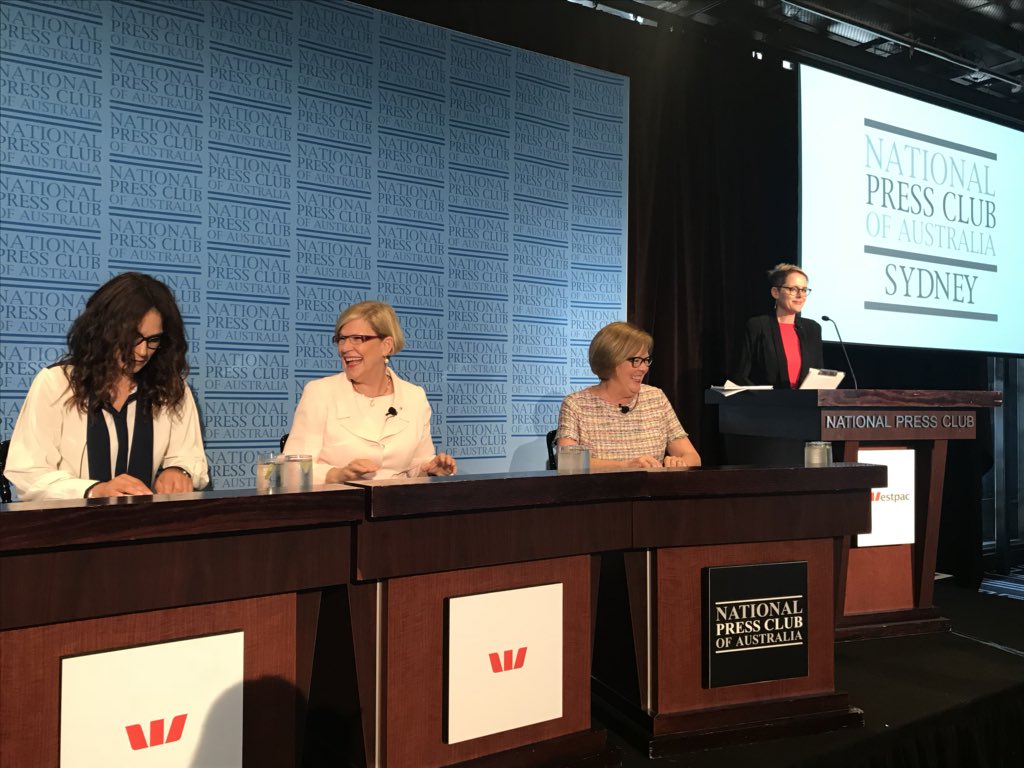 PressClubAust's tweet photo. Ann Sherry AO, Ursula Schwarzenbart &amp; Dr Rosanna Duncan, Addressing the #NPC Sydney, as part of the Global Summit of Women conference #live on #ABC24 &amp; #SkyNews 
#GSWSyd @GlobeWomen @SabraLane https://t.co/CjjrJPg31C