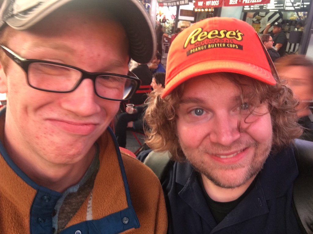 MusicMayfield's tweet photo. I stole Thomas’ new hat. And I have zero regrets. But Thomas is sad. #mayfieldnyc2018 https://t.co/oNkWKDkYAo