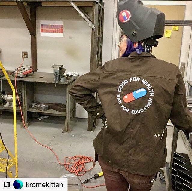 nerdandneedle's tweet photo. I forgot to post this here! I embroidered this welding jacket for my BAMF best friend ❤️ She is a big Akira fan 😄 If you want to see cool art stuff, check out her Instagram, KromeKitten. ❤️ #Akira #goodforhealth #badforeducation #custom #embroidery #weldingjacket #bestie https://t.co/Xrv8zySVlr