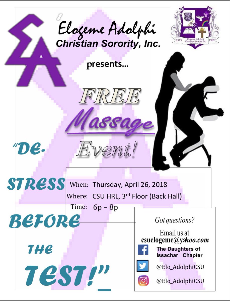 Elo_AdolphiCSU's tweet image. All CSU STUDENTS!!! See you all tomorrow at 6pm!!! #EA #DOI #destressb4thetest 💜💜💜💜