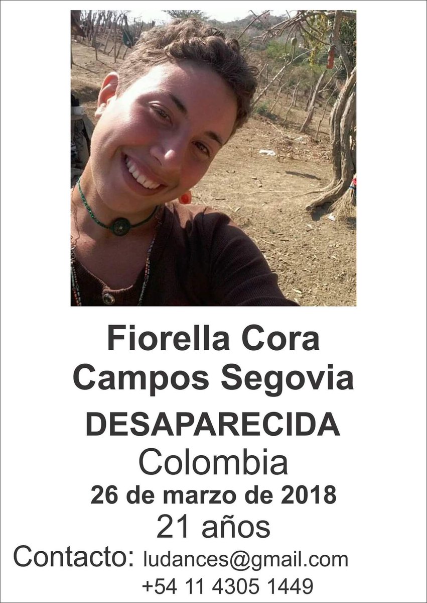 RT #URGENTE. Fiorella Cora Campos Segovia, tiene 21 años, es de Buenos Aires y se encontraba de viaje en Colombia desde enero. La última vez que se contactó con su familia fue el 26 de marzo desde Palomino, #Colombia. #BuscamosAFiore  rt por favor 🙏🏻