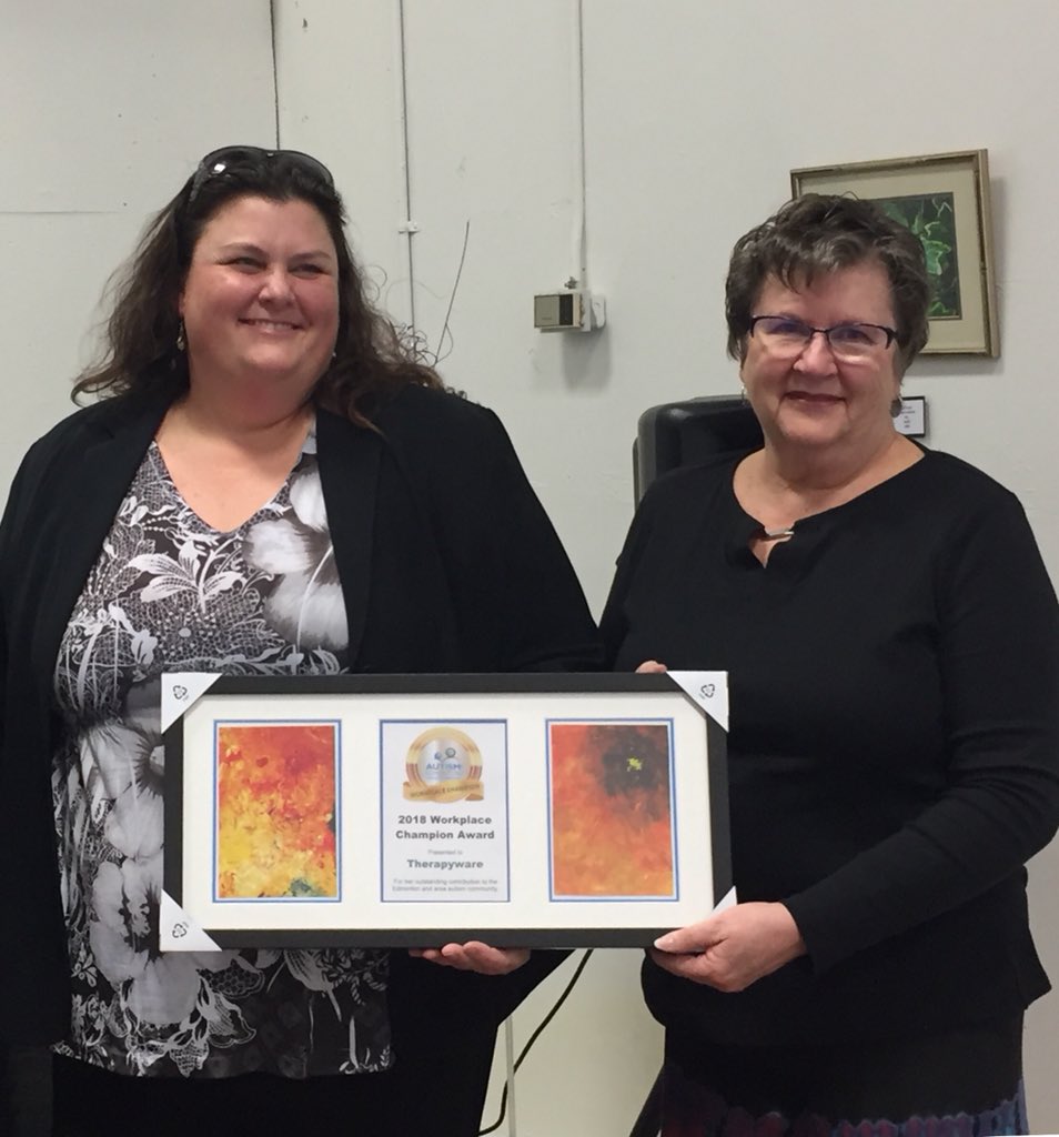 Therapyware's tweet photo. Congratulations to Peggy for the Autism Edmonton Business Champion Award! Thank you @AutismEdmonton https://t.co/2PVIW5D1Gt