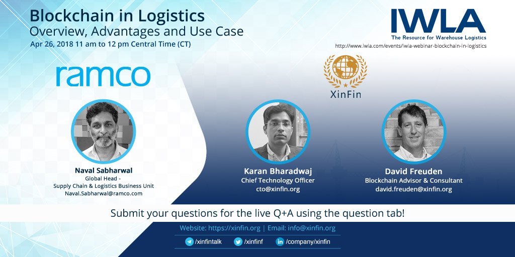 XDCNetwork's tweet photo. Catch #XinFin CTO @KaranBharadwa12, Advisor, David @MonsterplayAus and @RamcoSystems Global Head #SupplyChains, @navalsabharwal discussing #Blockchain in #Logistics at the @IWLA #webinar.
#usecases #warehousing #XDC #blockchaintechnology #tech #IoT #technology #fintech #DAPPS https://t.co/w8RD0Lk9Is