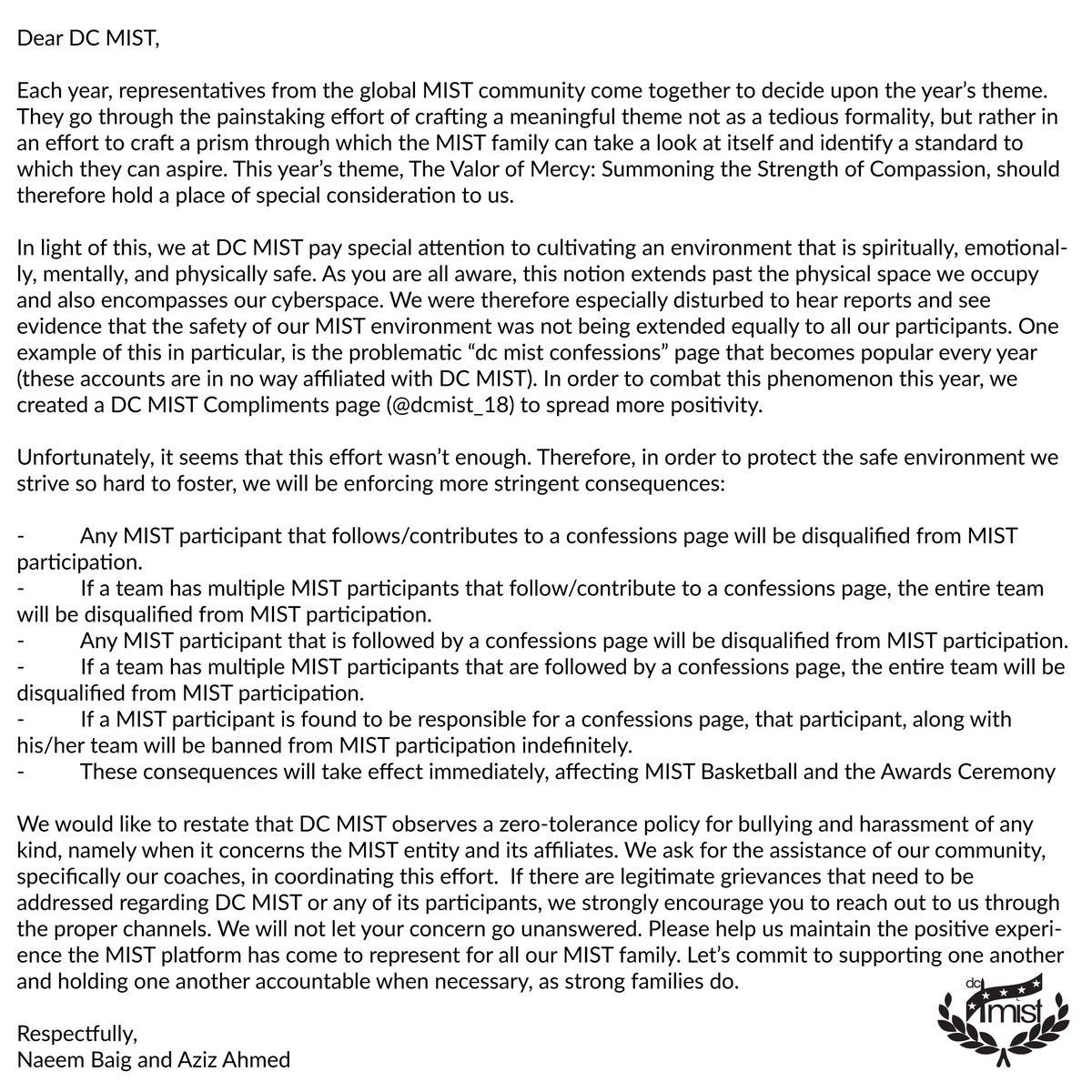 DCMIST's tweet photo. DC MIST is NOT affiliated nor endorses the MIST Confessions page. Action will be taken if you and/or your team is associated with the page. More info is in the letter below. https://t.co/TBwFxwJ1P6