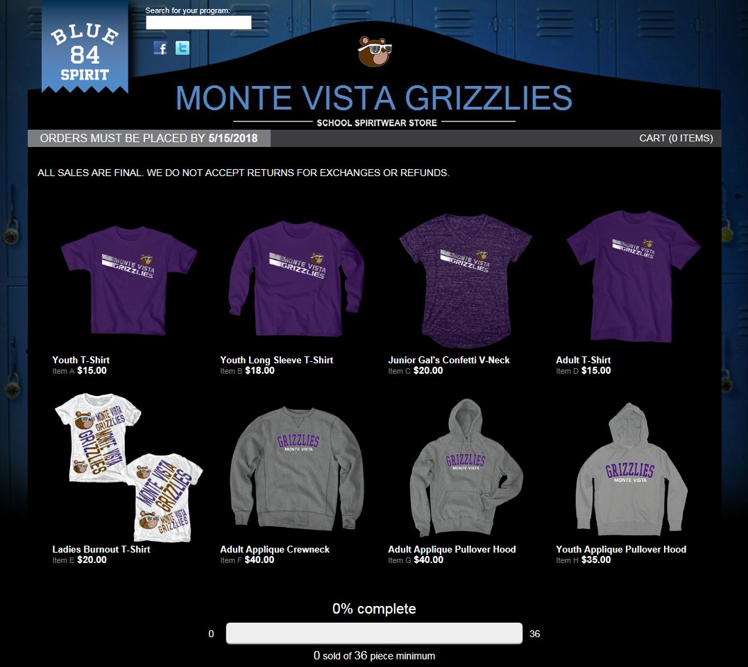 JenVela98's tweet photo. Online store now available for staff, parents and students to purchase Grizzly Swag!   Check it out only available until May 15th !
https://t.co/IZLZa4NA0Q
#montevistapride
@monte_vistapusd https://t.co/FC7FIuh8vH
