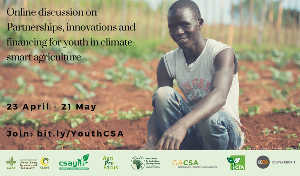Do you have ideas on how to make #climate-smart #agriculture activities attractive and accessible to the #youth in #Africa? Engage in the discussion! bit.ly/YouthCSA 
<a href="/GcuCsayn/">CSAYN Global</a> <a href="/cgiarclimate_EA/">CCAFS East Africa</a> @GACSACochairs <a href="/ctaflash/">CTA</a> <a href="/afaasinfo/">African Forum For Agricultural Advisory Services.</a> <a href="/iccotweet/">ICCO Part of Cordaid</a> <a href="/AgriProFocus/">AgriProFocus</a>