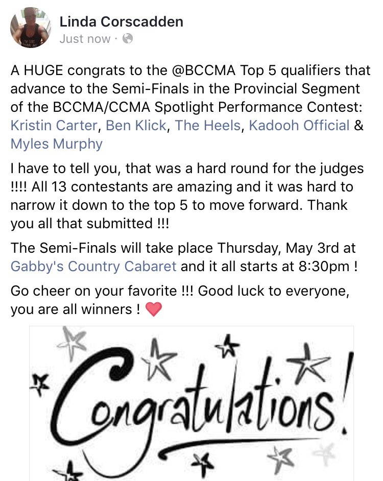 TheHeelsMusic's tweet photo. Thank you @BCCMA for creating platforms to showcase your artists! We are thrilled to be a part of the BCCMA/CCMA SPOTLIGHT PERFORMANCE contest! Join us May 3 @GabbysCabaret for the party! Congratulations to Kristin Carter, Ben Klick, @Kadoohmusic &amp; @IamMylesMurphy! https://t.co/YS397wxLz0