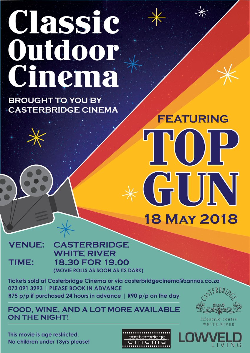 CasterBHollow's tweet photo. Join us for an evening of taking breaths away with a Classic Outdoor Cinema screening you guessed it, Top Gun at @CasterBHollow on May 18th,2018! 

You can purchase pre-sold tickets from casterbridgecinema@zannas.co.za. https://t.co/2ORFAHZkEv
