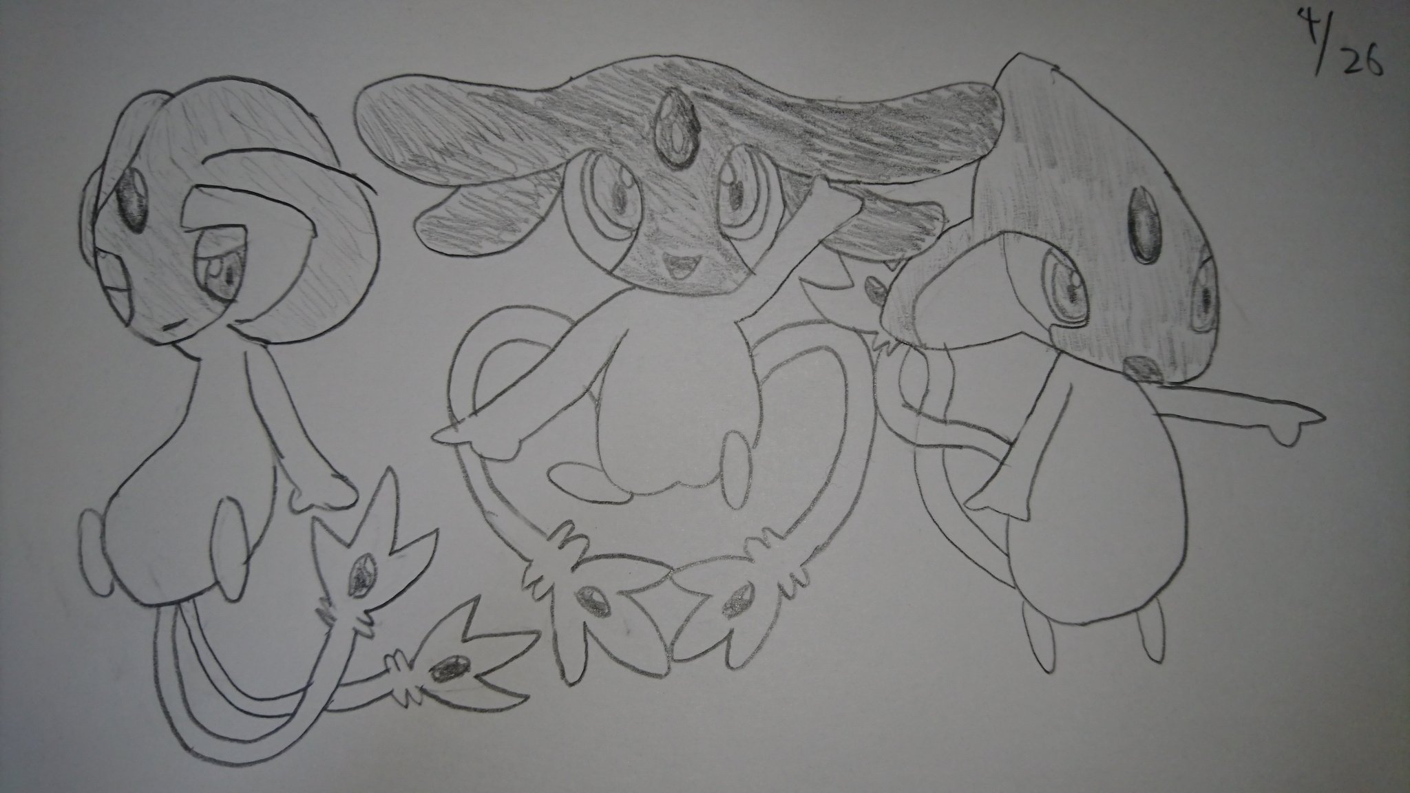 U Key ゲーム配信始めました 今日の一枚 以前描いたumaトリオをリメイクしてみました 白黒が今日描いた絵でカラーがリメイク前の絵です 落書き好きさんと繋がりたい ユクシー エムリット アグノム ポケモン