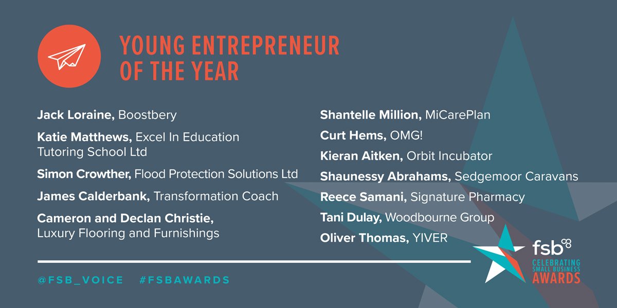 FSB_Voice's tweet photo. Our 12 finalists are young entrepreneurs blazing a trail in the world of business. Join us on 3 May as we announce our FSB Young Entrepreneur of the Year! https://t.co/l9m5o0ovLN #FSBawards https://t.co/FyBuzc6dQ8