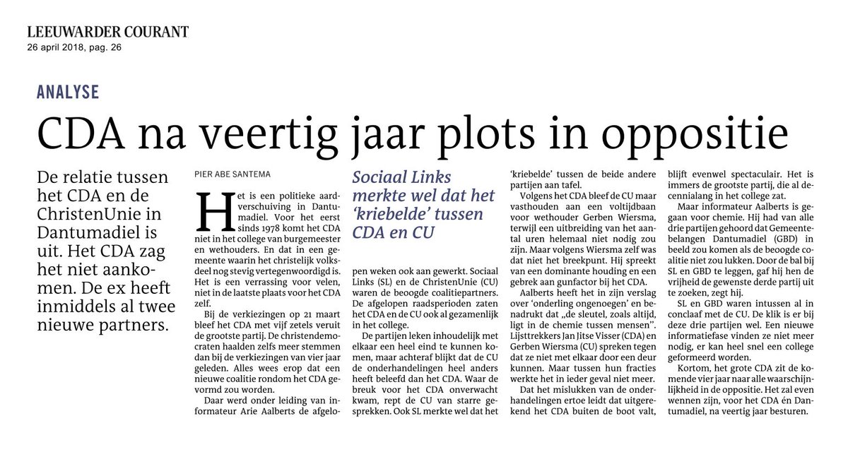 Heel erg jammer. Ondanks 5 zetels, de grootste partij én stemmenwinst van onze inwoners gaat <a href="/CDA_Dantumadiel/">CDA Dantumadiel</a> de oppositie in. Het is wat het nu is. Wij wensen <a href="/CUDantumadiel/">CU Dantumadiel</a> <a href="/Sociaal_Links/">SociaalLinks</a> en <a href="/GBDantumadiel/">Gemeentebelangen Dantumadiel</a> alle succes toe om samen een college te vormen. #meiinoarfoarut