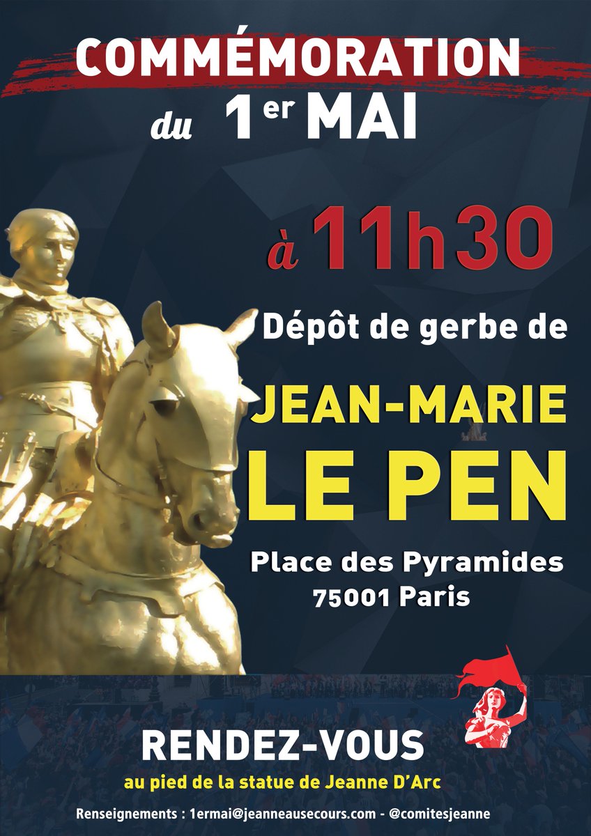 lepenjm's tweet photo. Avec @lepenjm autour de Jeanne, rassemblons-nous!
Rendez-vous à 11h00, Place des Pyramides, 75001 Paris
#1erMaiAvecJMLP #JeanneAuSecours #MemoiresJMLP #FilsDeLaNation
https://t.co/xa2ES5kaxf https://t.co/gFgGDUMXOV