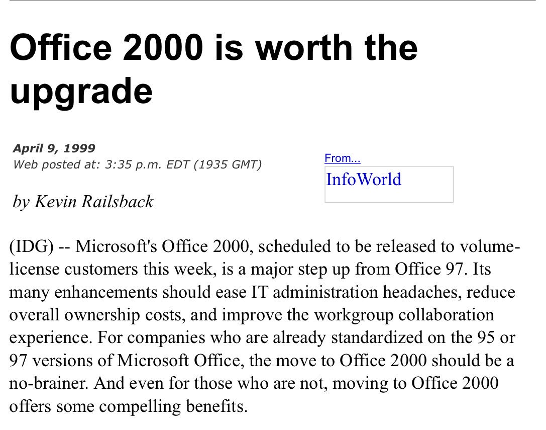 Microsoft's Office 2000, scheduled to be released to volume-license customers this week, is a major step up from Office 97. …For companies who are already standardized on the 95 or 97 versions of Microsoft Office, the move to Office 2000 should be a no-brainer. And even for those who are not, moving to Office 2000 offers some compelling benefits.
