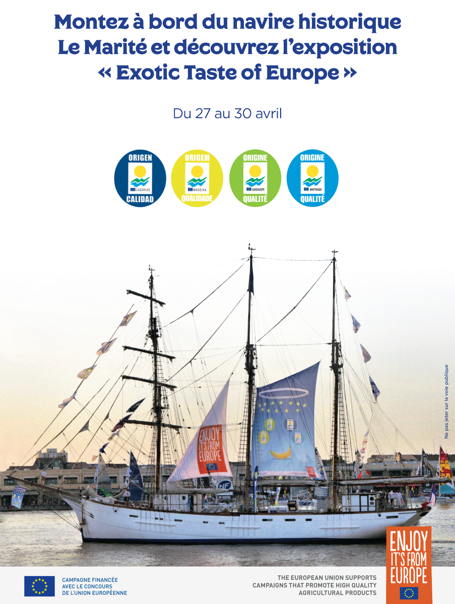 FruitvegEUROPE's tweet photo. "Exotic Taste of Europe" (#EnjoyitisFromEurope)           
Découvrez l'exposition itinérante à bord du navire historique Marité.
Du 27 au 30 Avril 2018 à Alicante ! Marina deportivo del puerto de Alicante emplacement n°16

 @LaBananeDurable  @ASPROCAN #Gesba @EU_Chafea @EUAgri https://t.co/zcTQ7mdeqJ