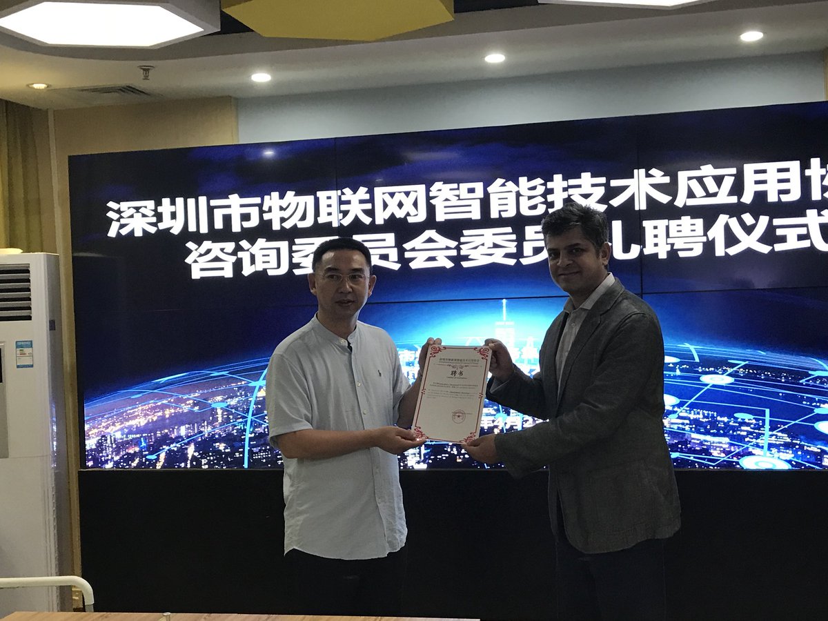 Very grateful, proud and honored to receive a three year advisory member position at Shenzhen Association of Internet of Things.