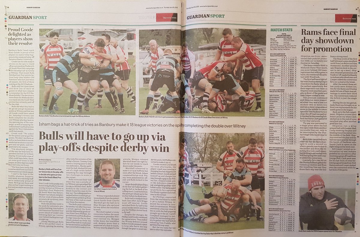COME ON YOU BULLS! Great coverage in today's <a href="/banburynews/">Banbury Guardian</a> again as the Banbury Bulls make final preparations for Exeter on Saturday. If you can't be there, follow the live action at <a href="/BanburyRUFC/">Banbury Rugby Club</a>